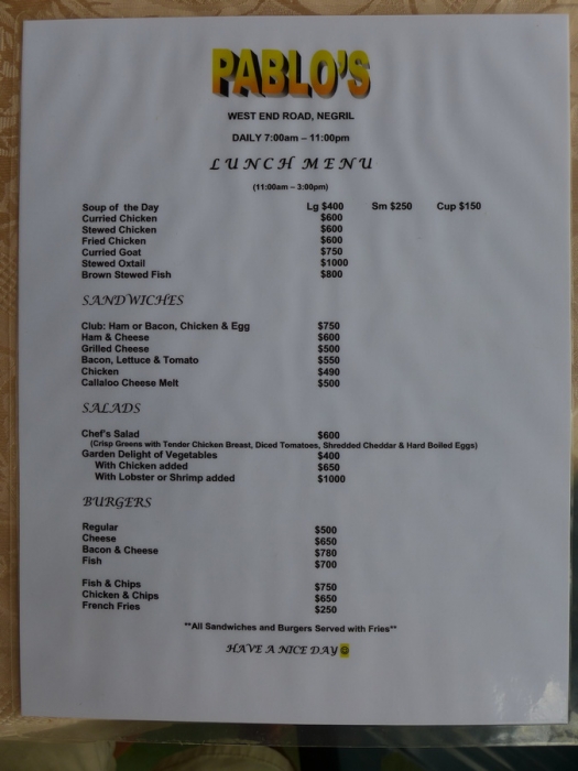 Ямайка (Jamaica). Pablo's Restaurant Menu - Ямайка Доллар. Samsara Cliff Resort.