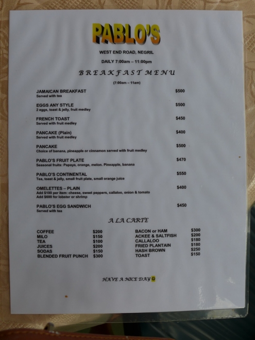 Ямайка (Jamaica). Pablo's Restaurant Menu - Ямайка Доллар. Samsara Cliff Resort.